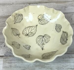 Signed Studio Pottery Bowl Leaf Imprint Cream Glaze Wavy Rim Handmade Ceramic